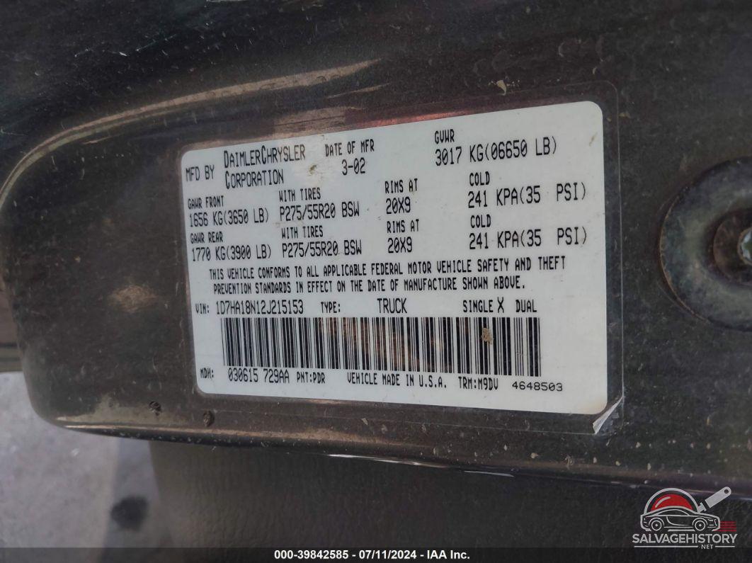 1D7HA18N12J215153 2002 DODGE RAM 1500 photo no. 9