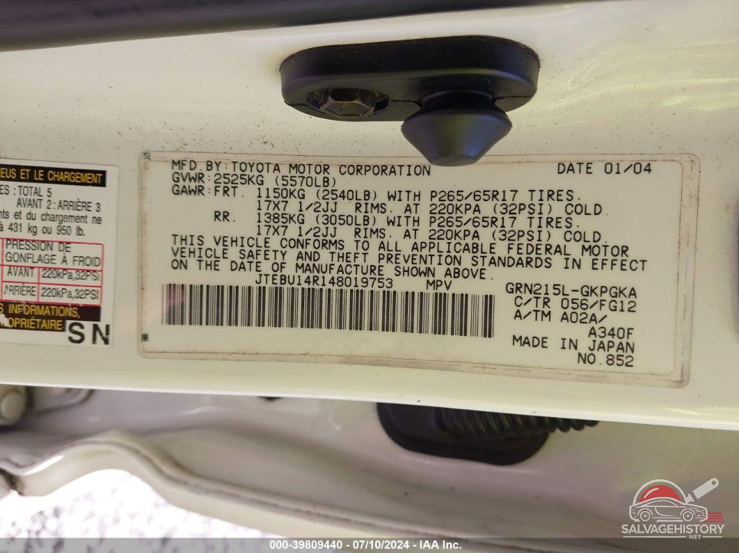 JTEBU14R148019753 2004 TOYOTA 4RUNNER photo no. 9