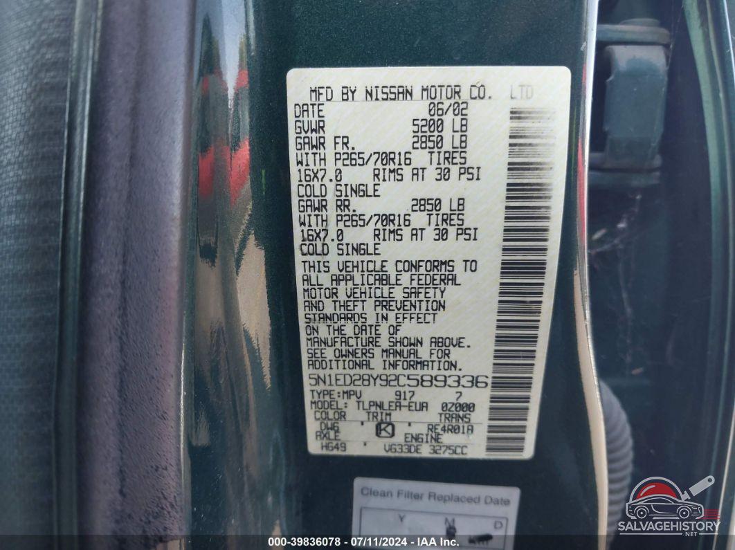 5N1ED28Y92C589336 2002 NISSAN XTERRA photo no. 9