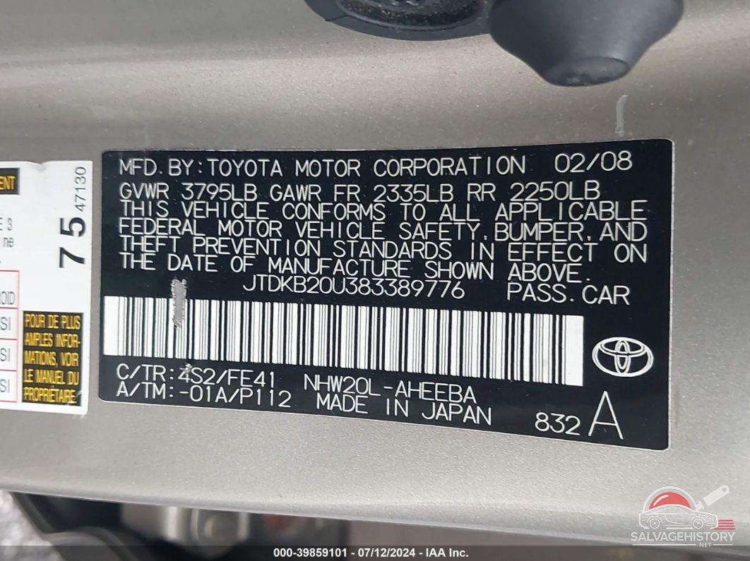 JTDKB20U383389776 2008 TOYOTA PRIUS photo no. 9