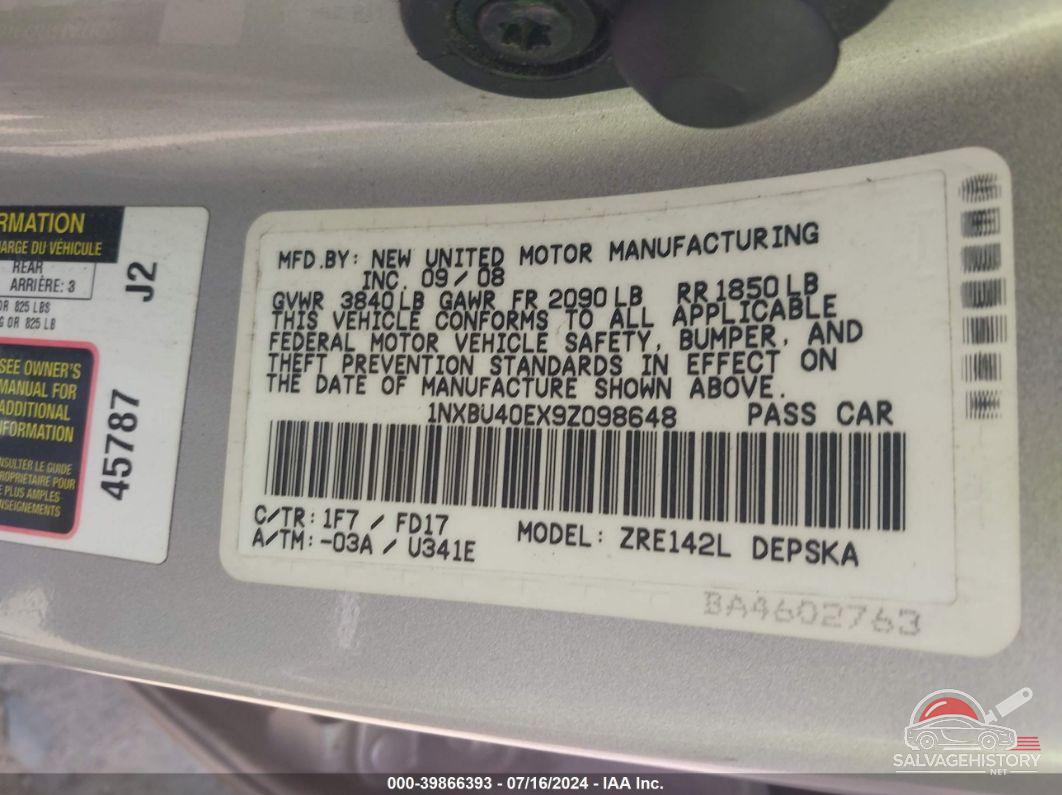 1NXBU40EX9Z098648 2009 TOYOTA COROLLA photo no. 9