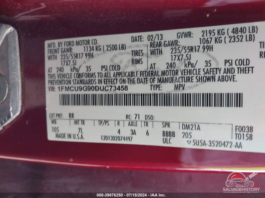 1FMCU9G90DUC73458 2013 FORD ESCAPE photo no. 9