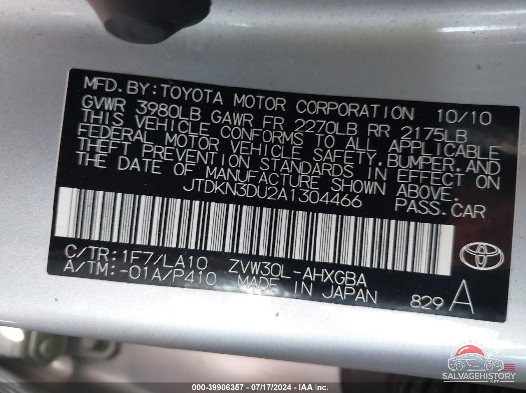 JTDKN3DU2A1304466 2010 TOYOTA PRIUS photo no. 9