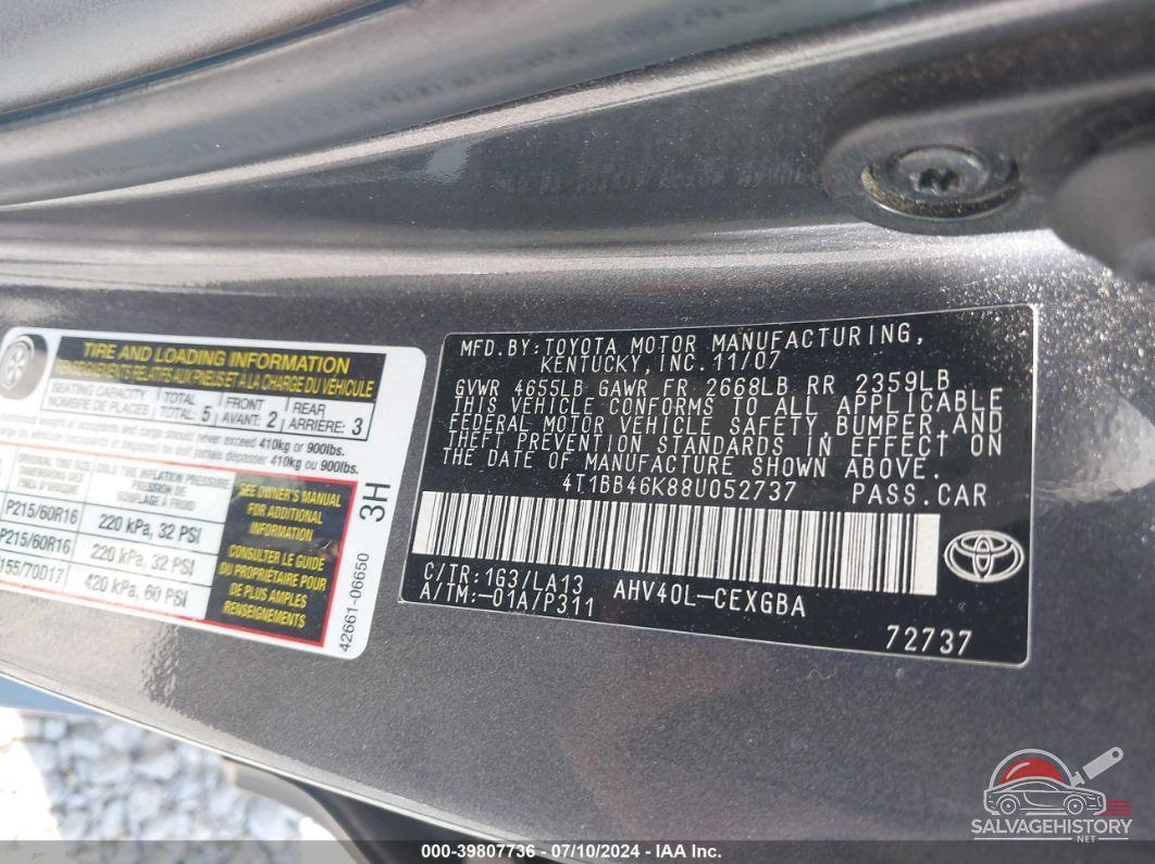 4T1BB46K88U052737 2008 TOYOTA CAMRY HYBRID photo no. 9
