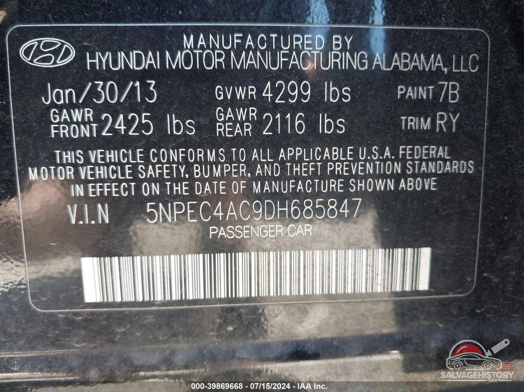 5NPEC4AC9DH685847 2013 HYUNDAI SONATA photo no. 9