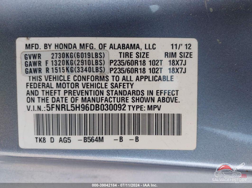5FNRL5H96DB030092 2013 HONDA ODYSSEY photo no. 9