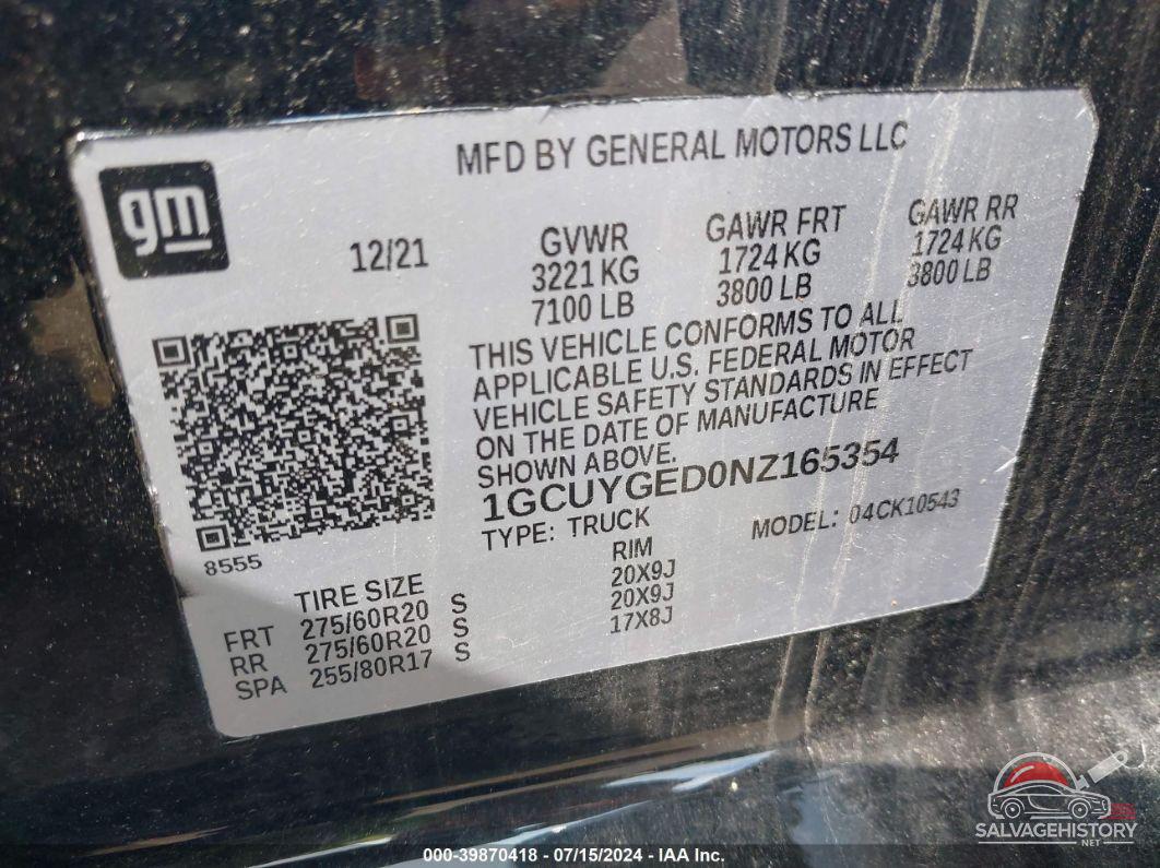 1GCUYGED0NZ165354 2022 CHEVROLET SILVERADO 1500 LTD photo no. 9