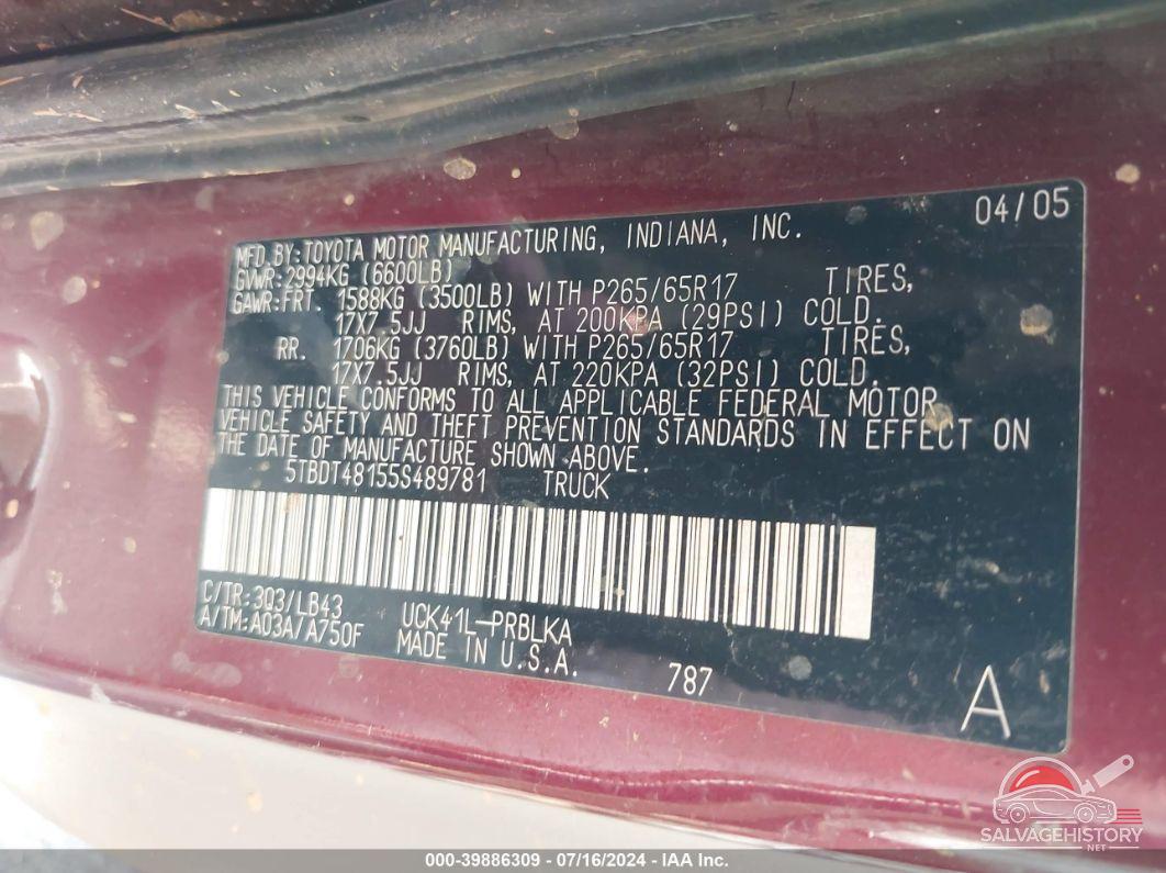 5TBDT48155S489781 2005 TOYOTA TUNDRA photo no. 9