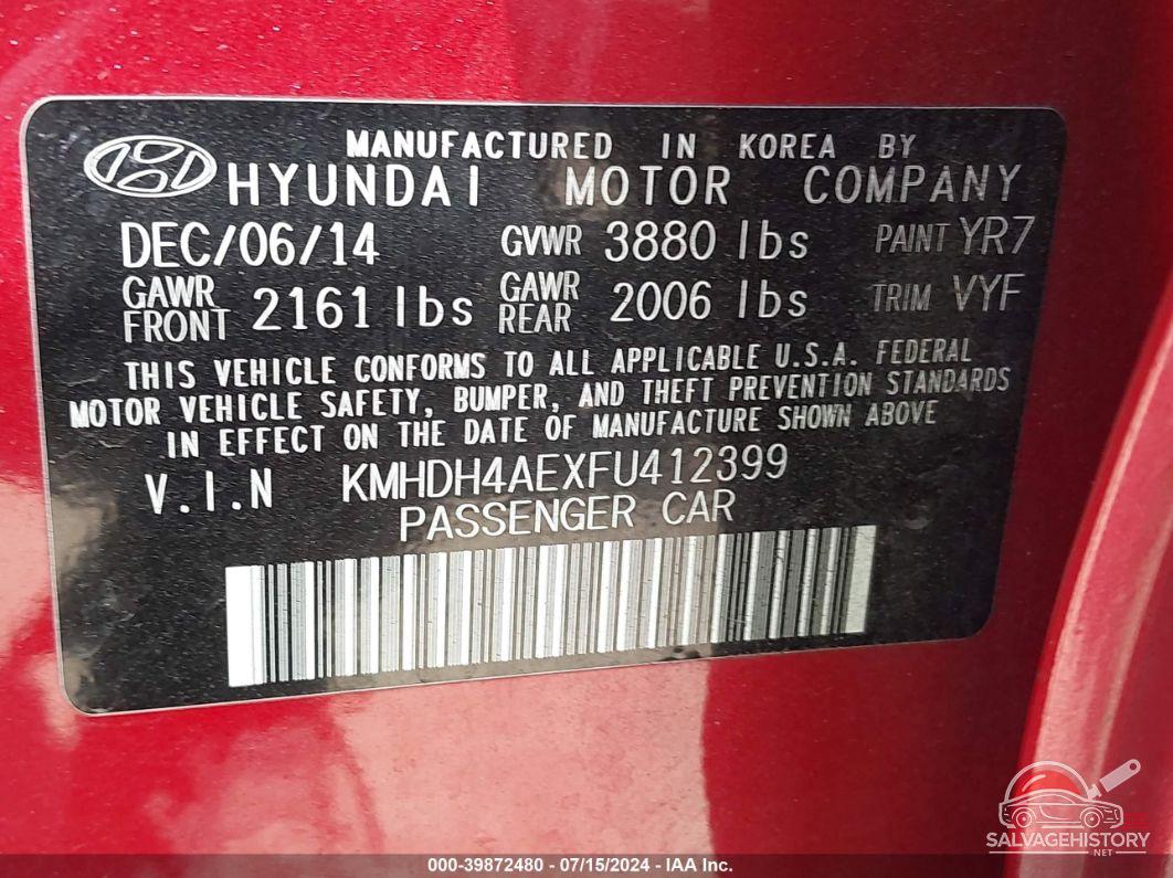 KMHDH4AEXFU412399 2015 HYUNDAI ELANTRA photo no. 9