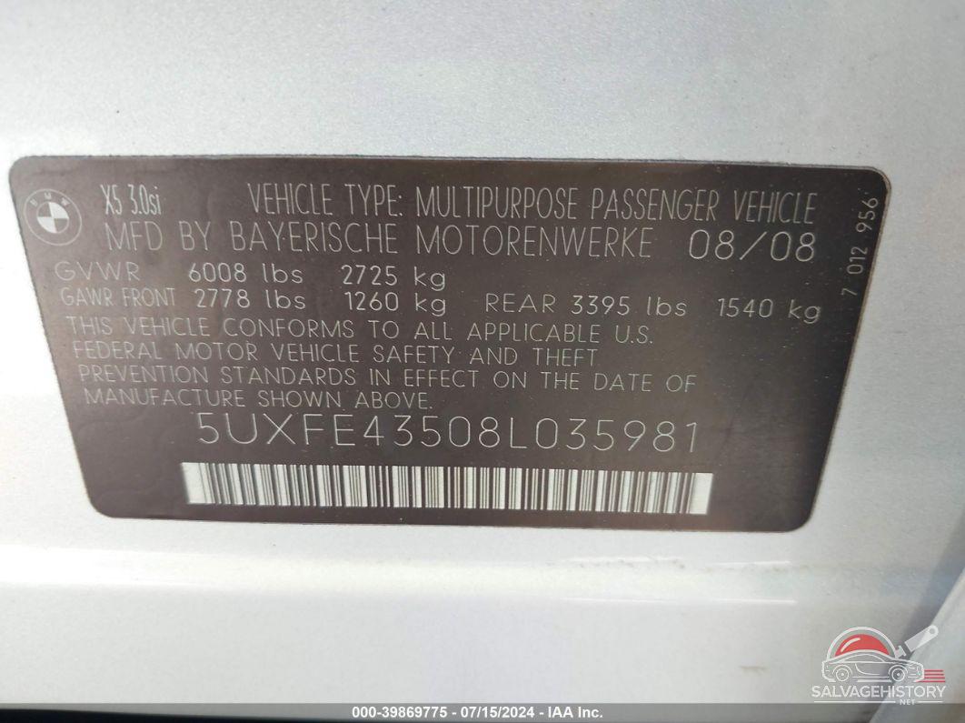 5UXFE43508L035981 2008 BMW X5 photo no. 9