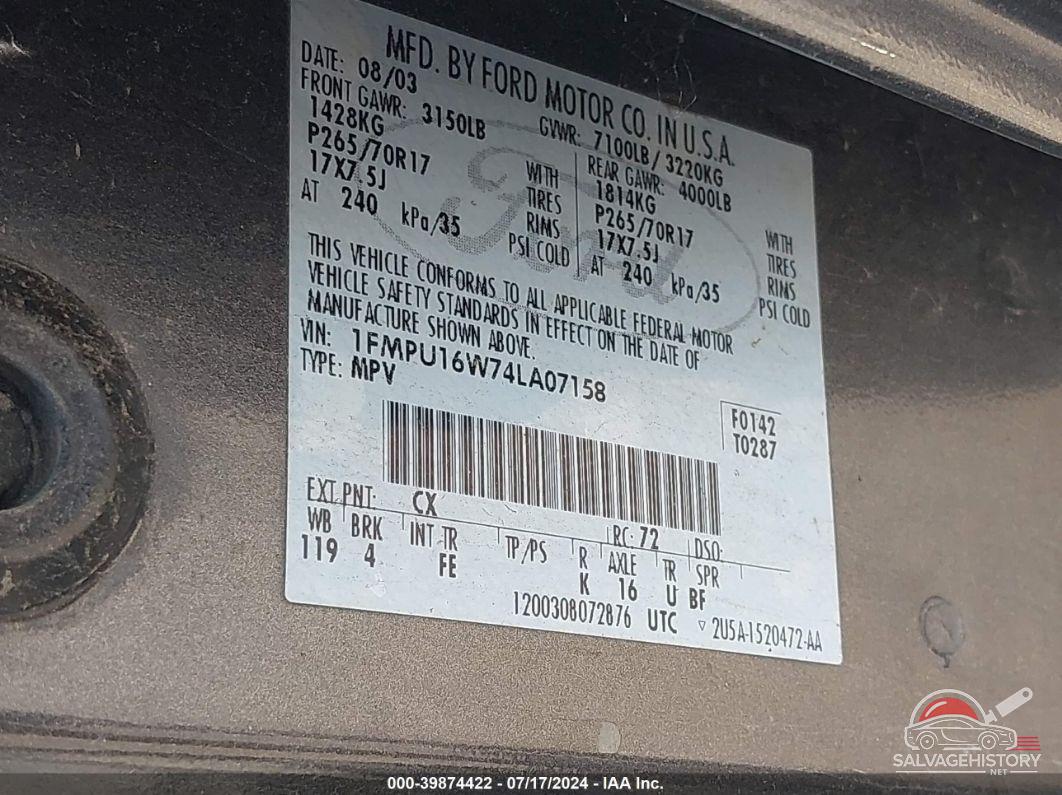 1FMPU16W74LA07158 2004 FORD EXPEDITION photo no. 9