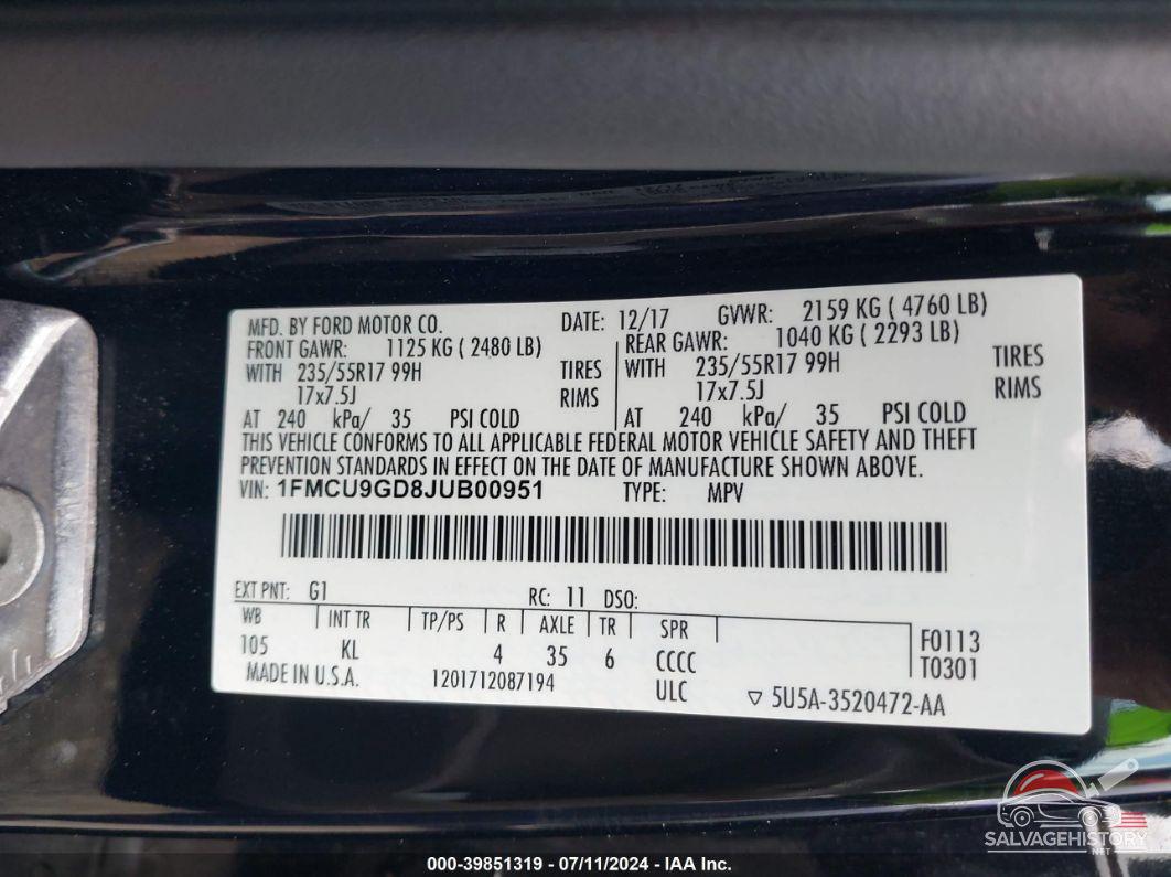 1FMCU9GD8JUB00951 2018 FORD ESCAPE photo no. 9