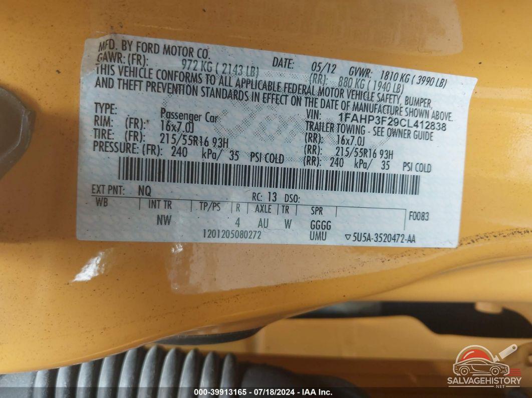 1FAHP3F29CL412838 2012 FORD FOCUS photo no. 9