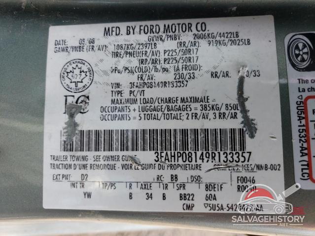 3FAHP08149R133357 2009 FORD FUSION photo no. 12