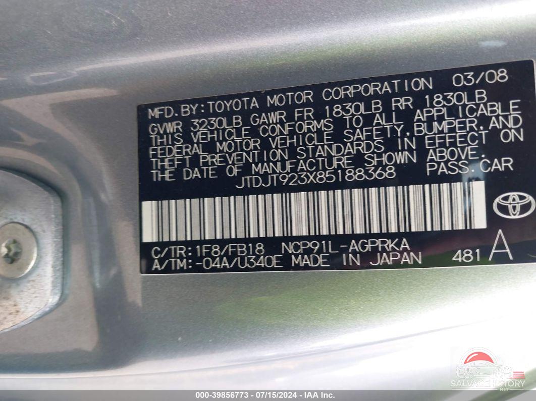 JTDJT923X85188368 2008 TOYOTA YARIS photo no. 9