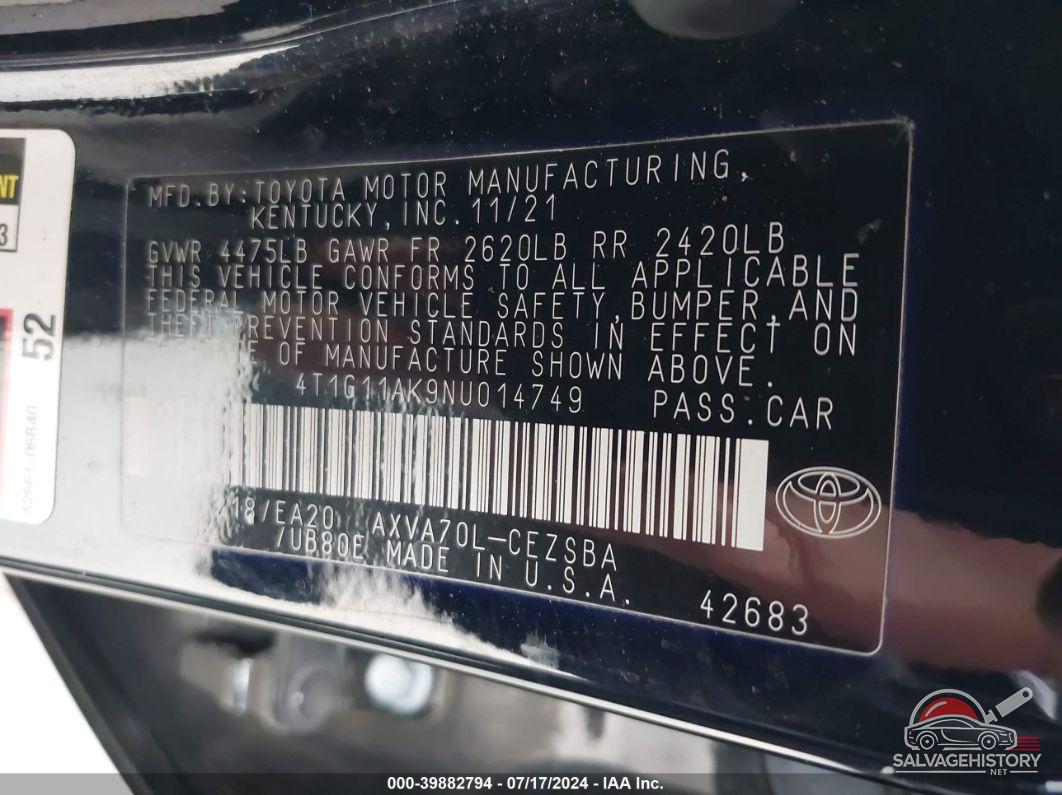 4T1G11AK9NU014749 2022 TOYOTA CAMRY photo no. 9