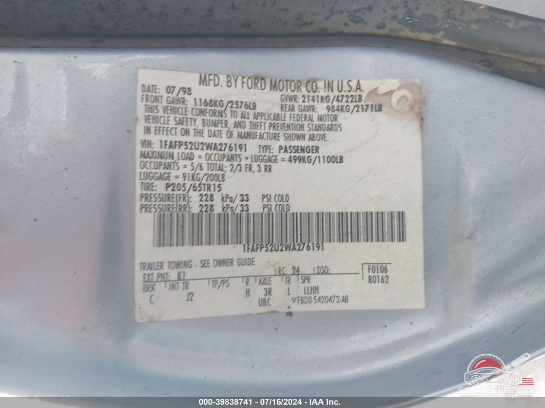 1FAFP52U2WA276191 1998 FORD TAURUS photo no. 9