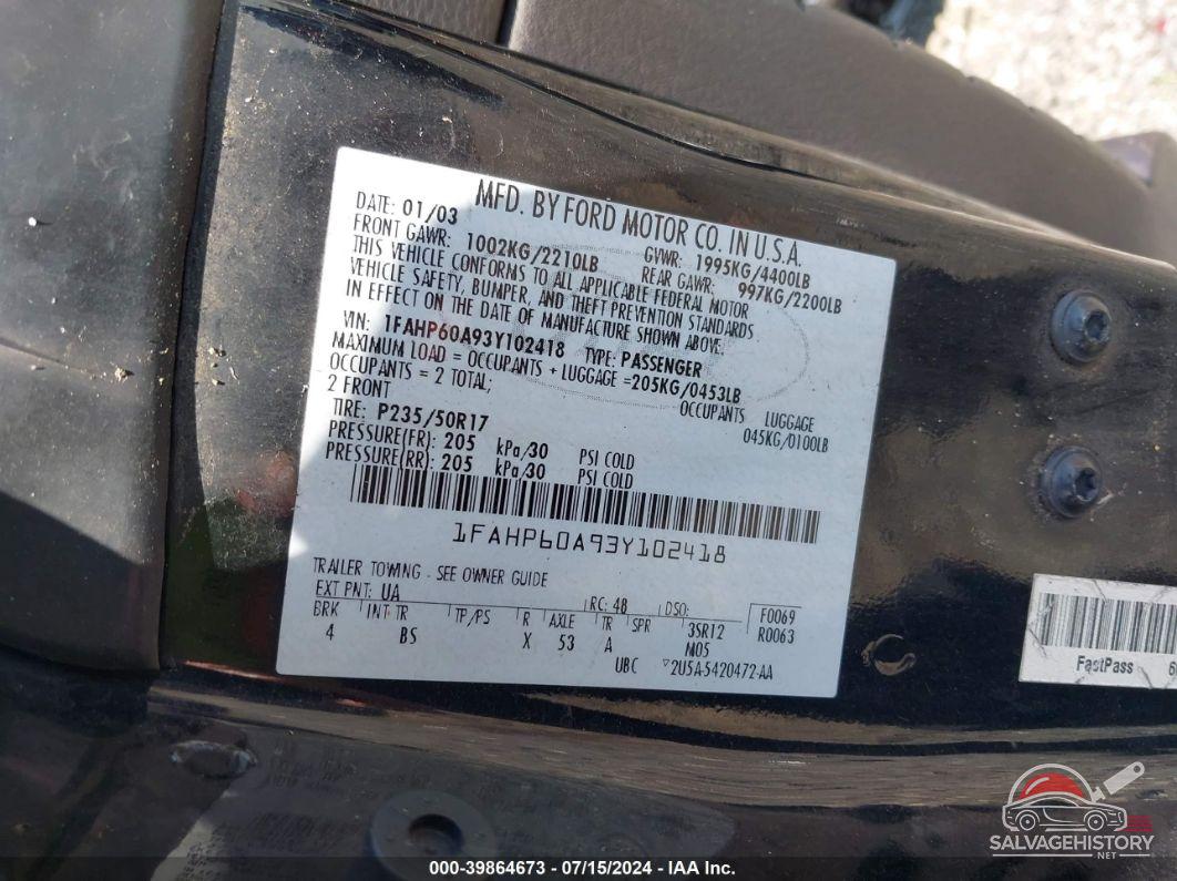 1FAHP60A93Y102418 2003 FORD THUNDERBIRD photo no. 9