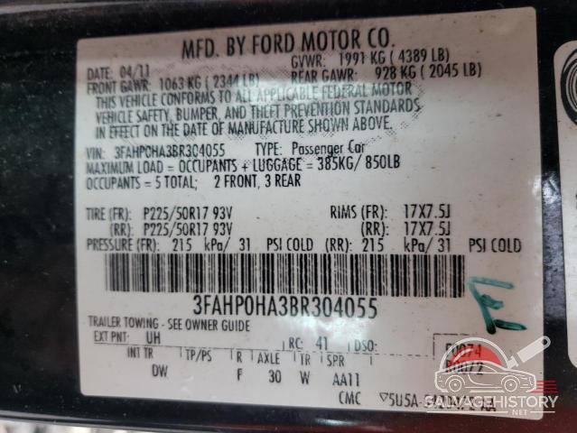 3FAHP0HA3BR304055 2011 FORD FUSION photo no. 12