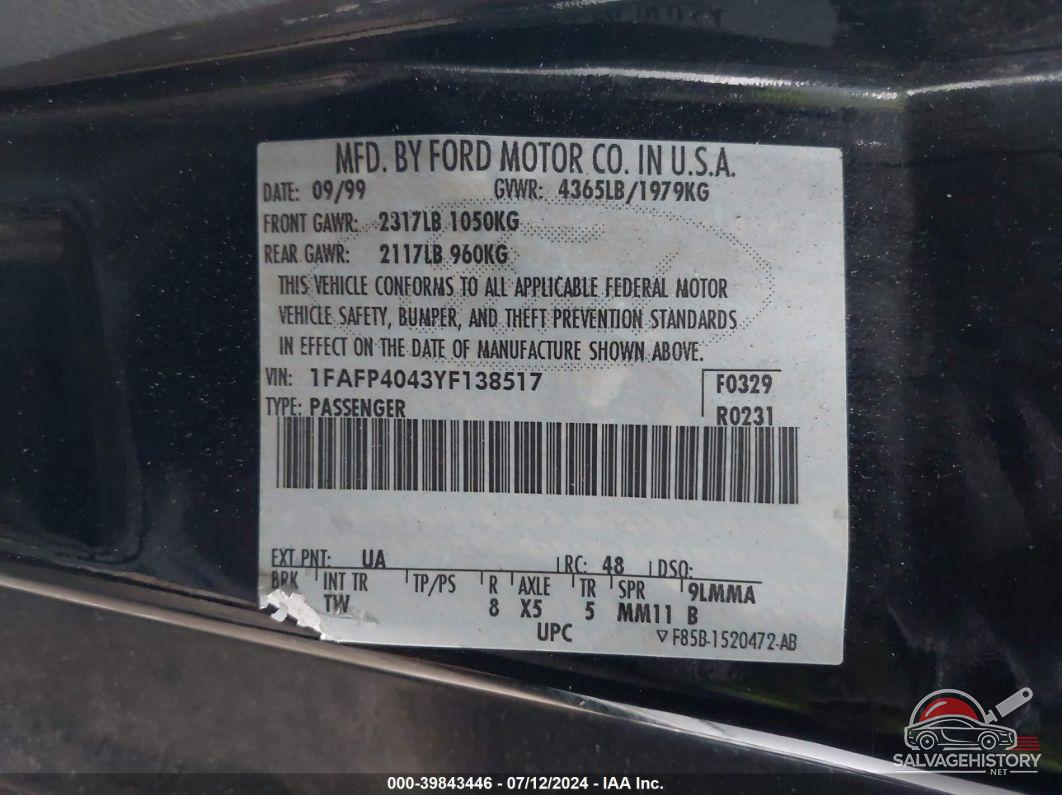 1FAFP4043YF138517 2000 FORD MUSTANG photo no. 9