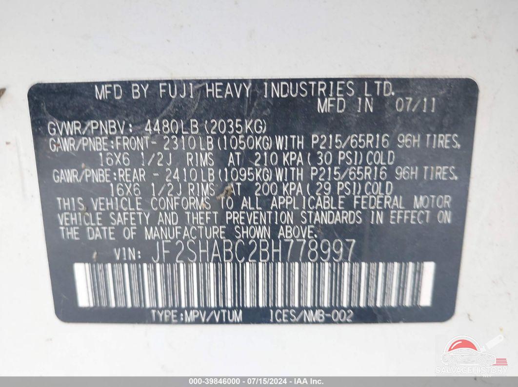JF2SHABC2BH778997 2011 SUBARU FORESTER photo no. 9