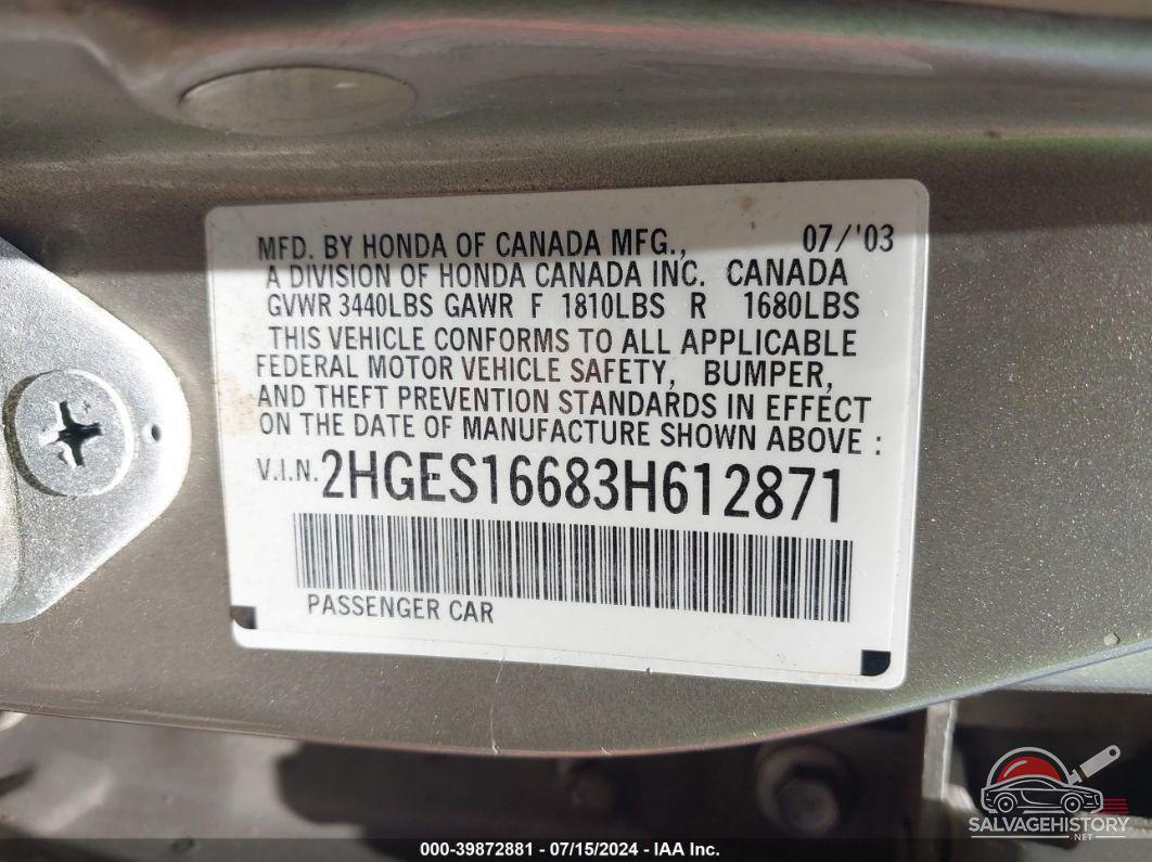 2HGES16683H612871 2003 HONDA CIVIC photo no. 9
