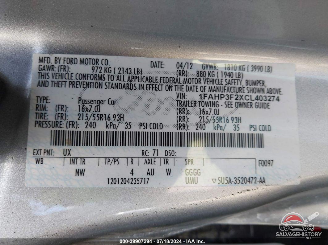 1FAHP3F2XCL403274 2012 FORD FOCUS photo no. 9