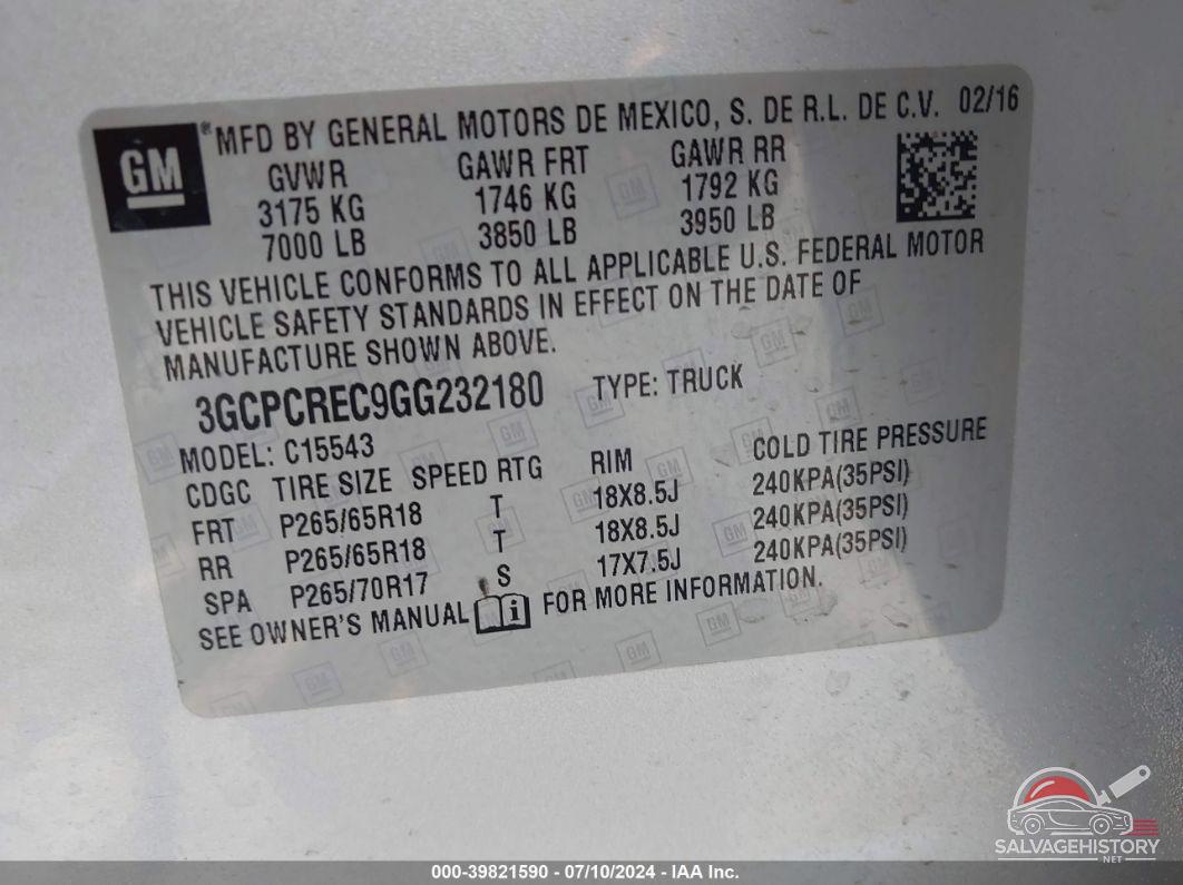 3GCPCREC9GG232180 2016 CHEVROLET SILVERADO 1500 photo no. 9