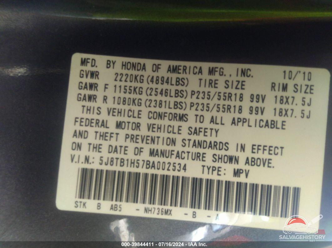 5J8TB1H57BA002534 2011 ACURA RDX photo no. 9