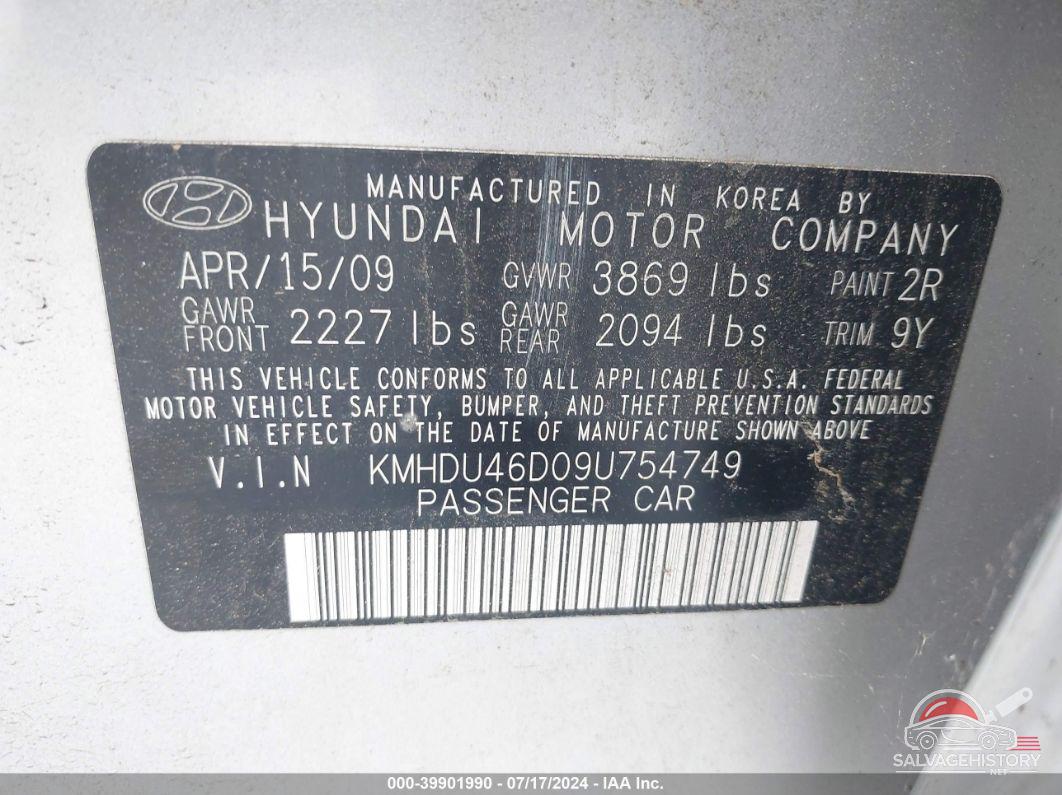 KMHDU46D09U754749 2009 HYUNDAI ELANTRA photo no. 9