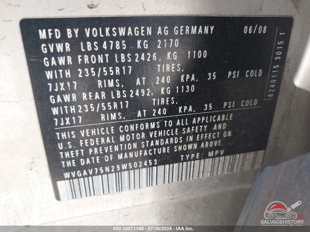 WVGAV75N29W502453 2009 VOLKSWAGEN TIGUAN photo no. 9