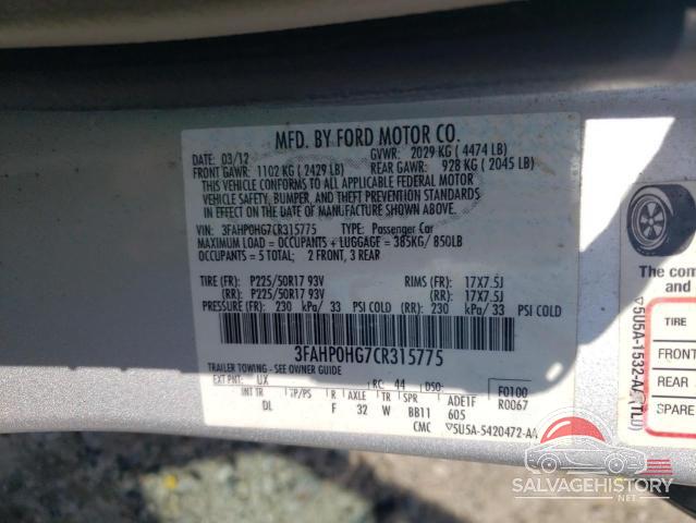 3FAHP0HG7CR315775 2012 FORD FUSION SE photo no. 12
