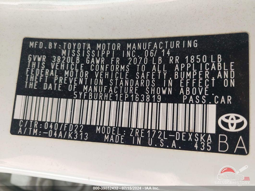 5YFBURHE1EP163819 2014 TOYOTA COROLLA photo no. 9