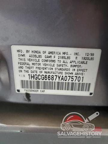 1HGCG6687YA075701 2000 HONDA ACCORD photo no. 12