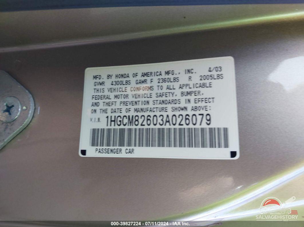 1HGCM82603A026079 2003 HONDA ACCORD photo no. 9