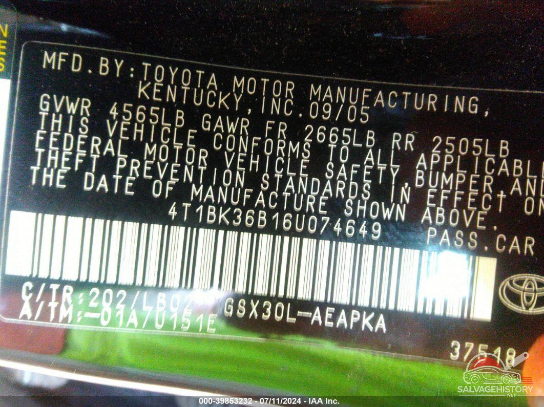 4T1BK36B16U074649 2006 TOYOTA AVALON photo no. 9