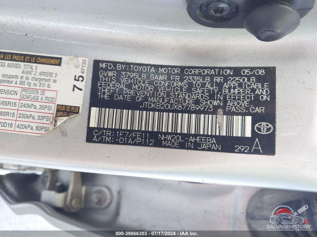JTDKB20UX87789973 2008 TOYOTA PRIUS photo no. 9