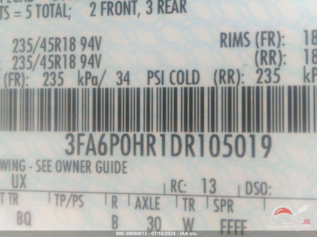 3FA6P0HR1DR105019 2013 FORD FUSION photo no. 9