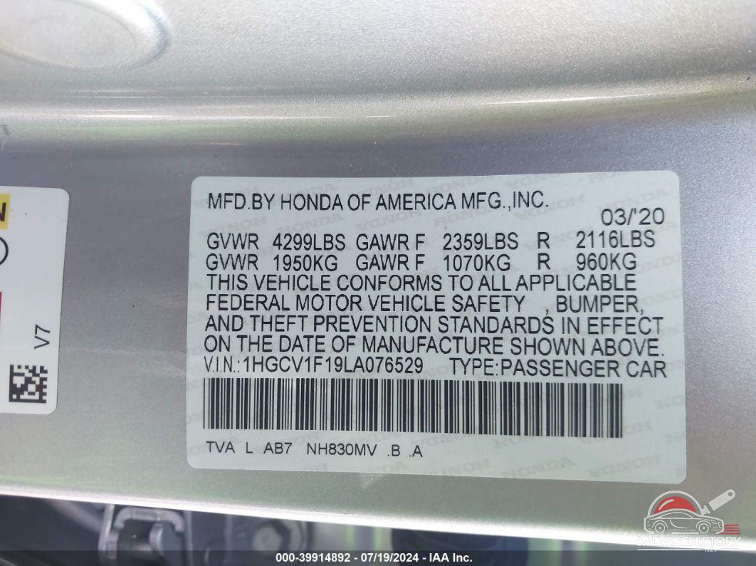 1HGCV1F19LA076529 2020 HONDA ACCORD photo no. 9