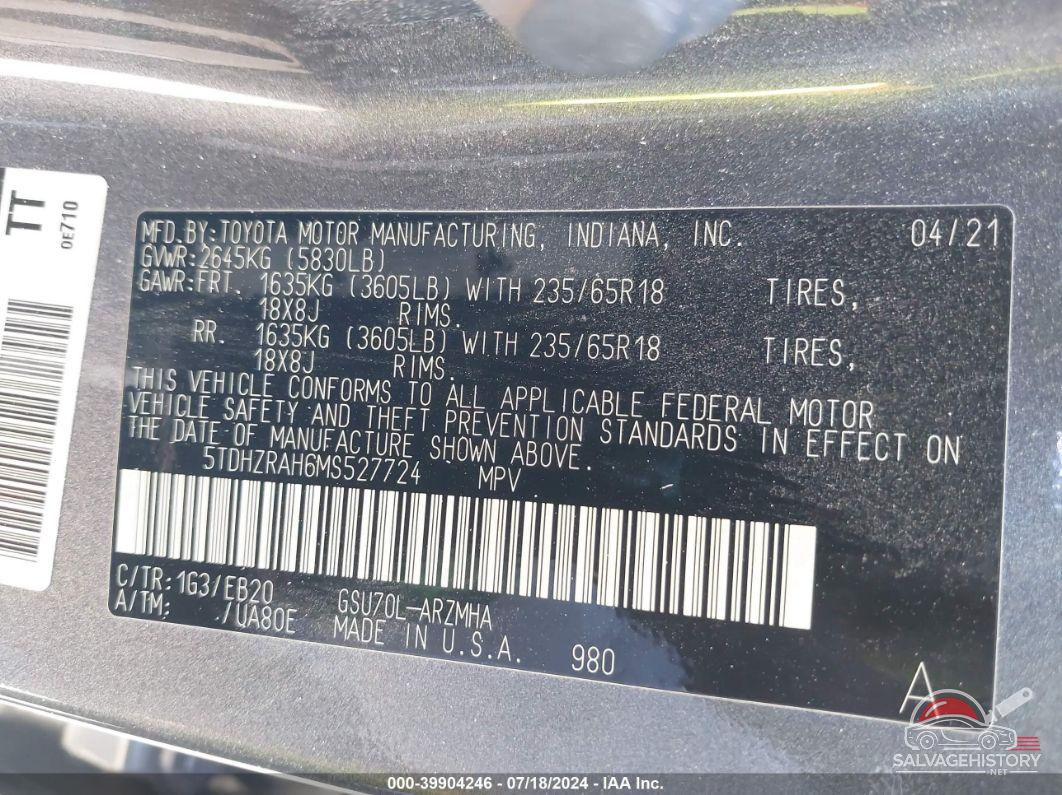 5TDHZRAH6MS527724 2021 TOYOTA HIGHLANDER photo no. 9