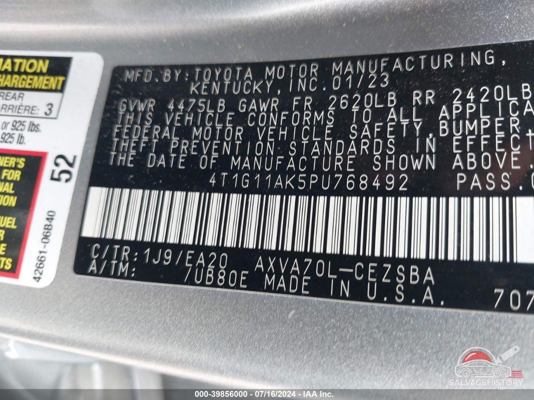4T1G11AK5PU768492 2023 TOYOTA CAMRY photo no. 9