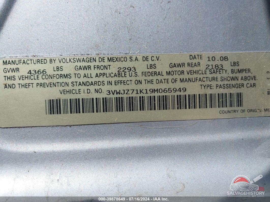 3VWJZ71K19M065949 2009 VOLKSWAGEN JETTA photo no. 9