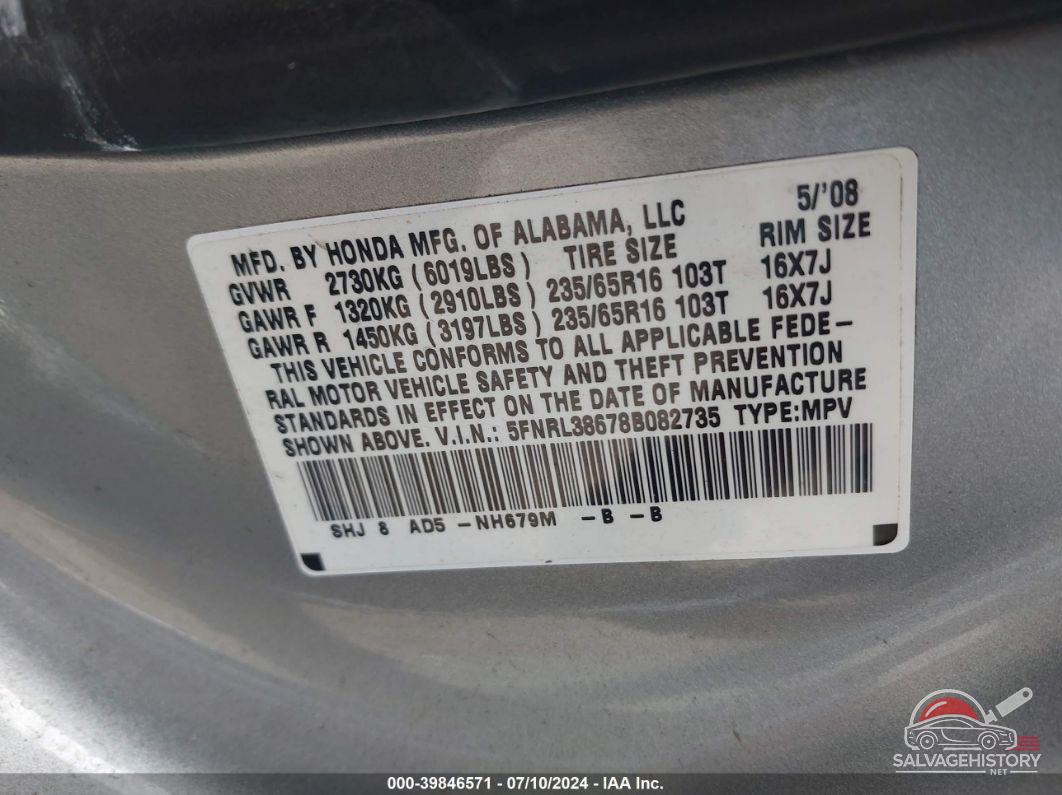 5FNRL38678B082735 2008 HONDA ODYSSEY photo no. 9