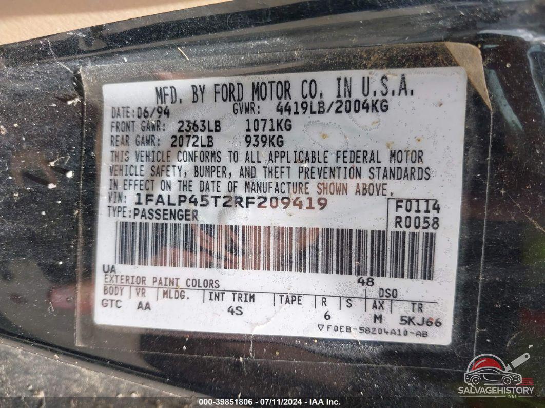 1FALP45T2RF209419 1994 FORD MUSTANG photo no. 9