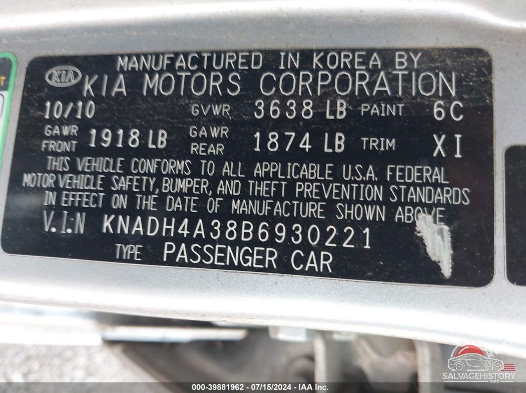 KNADH4A38B6930221 2011 KIA RIO photo no. 9