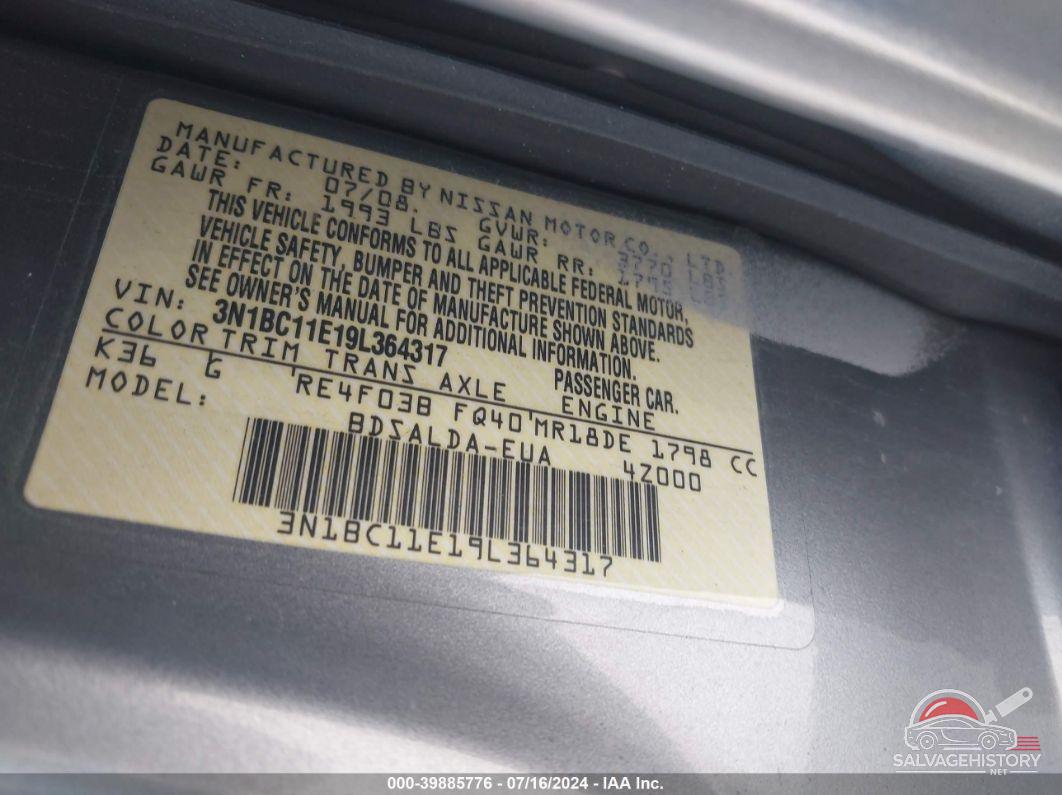 3N1BC11E19L364317 2009 NISSAN VERSA photo no. 9