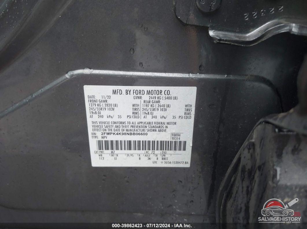 2FMPK4K98NBB06600 2022 FORD EDGE photo no. 9