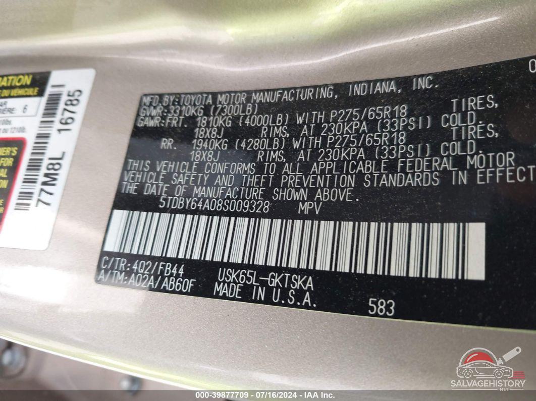 5TDBY64A08S009328 2008 TOYOTA SEQUOIA photo no. 9