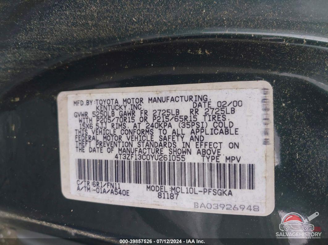 4T3ZF13C0YU261055 2000 TOYOTA SIENNA photo no. 9