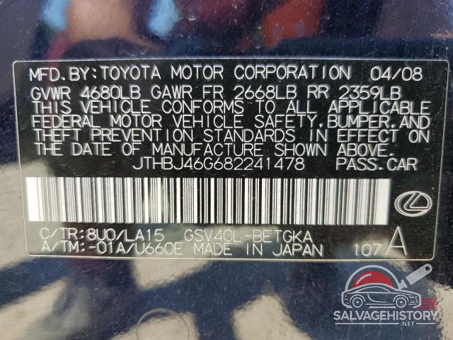 JTHBJ46G682241478 2008 LEXUS ES350 photo no. 12